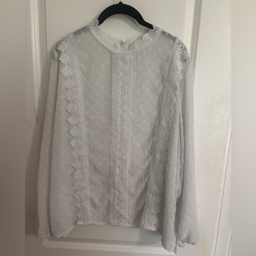 White Chiffon Lace Clip Dot Blouse Size 1XL